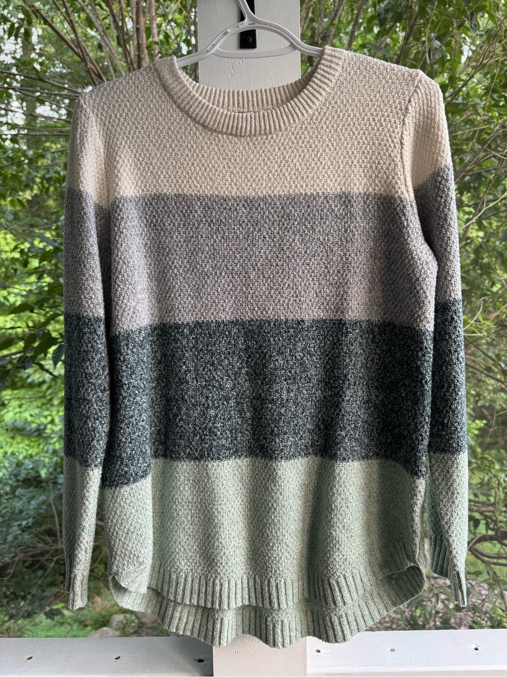 Pink Clover Striped Crewneck Sweater in Cream, Gray & Sage Green